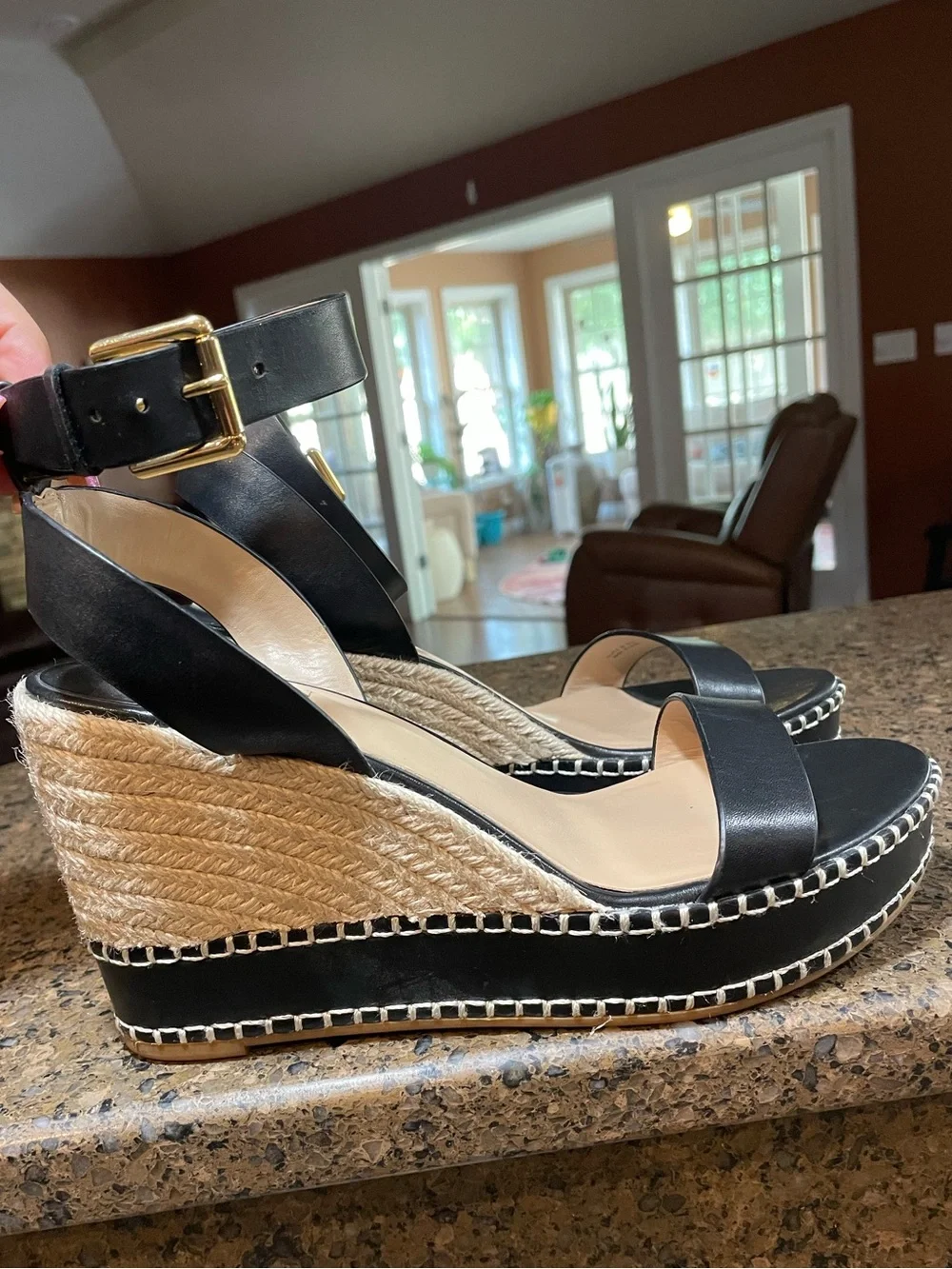 🖤 Ralph Lauren Hilarie Burnished Leather Espadrille Platform Wedge Sandal Sz 9